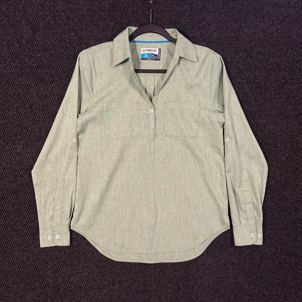 Magellan Fish Gear Shirt Womens M Classic Fit Green Roll Tab Sleeve Wicking